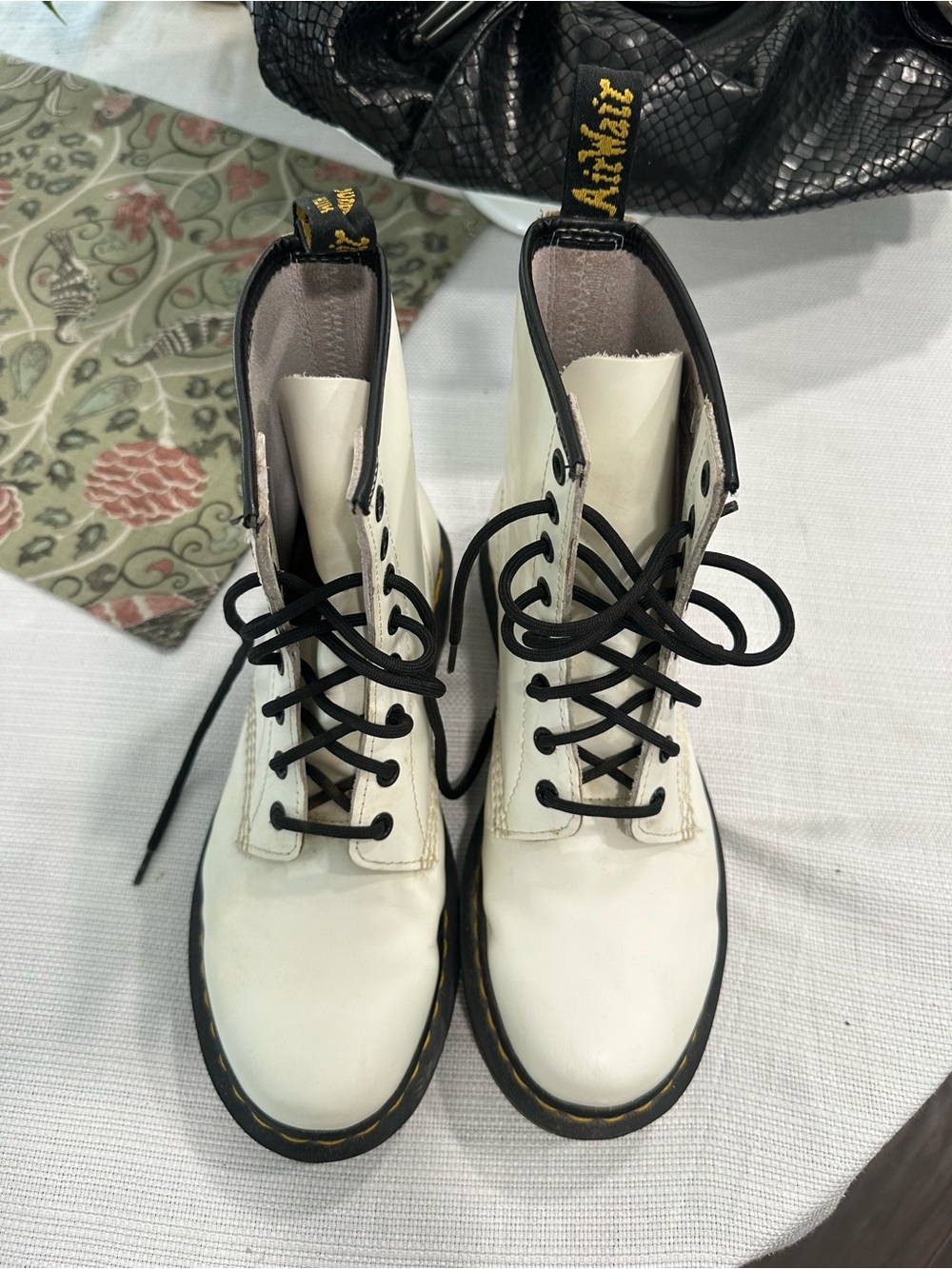 Dr. Martens White Leather Combat Boots with Black Laces